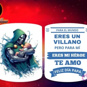 Taza de sublimación con Dr. Doom de Marvel con fondo acuático sosteniendo a un bebé, y mensaje 'Eres mi Héroe Papá'