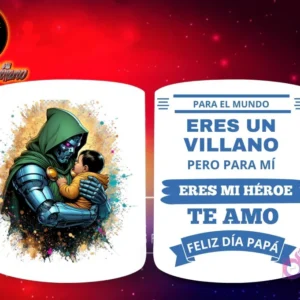 Taza de sublimación con Dr. Doom de Marvel con efecto de explosión sosteniendo a un bebé, y mensaje 'Eres mi Héroe Papá'