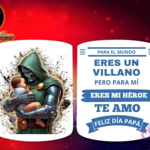 Taza de sublimación con Dr. Doom de Marvel en traje verde oscuro sosteniendo a un bebé, y mensaje 'Eres mi Héroe Papá'