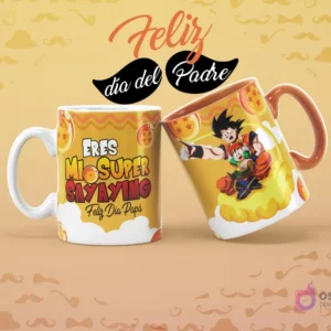 Dos tazas sublimadas de Dragon Ball para el Día del Padre. Una taza blanca con 'Eres mi Súper Sayayin' y otra taza naranja con Goku y Gohan.