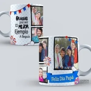 Taza de sublimación con diseño del Día del Padre con mensaje 'Gracias por ser el mejor ejemplo a seguir' y espacio para collage de fotos familiares, decorada con banderines festivos y fuegos artificiales.