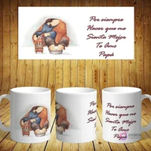 Plantilla de sublimación para taza del Día del Padre con diseño de papá cubriendo a un niño enfermo. Mensaje: 'Por siempre Hacer que me Sienta Mejor'.