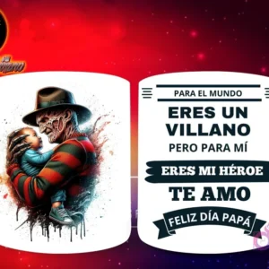 Taza de sublimación con Freddy Krueger de Pesadilla en Elm Street sosteniendo a un bebé, y mensaje 'Eres mi Héroe Papá'
