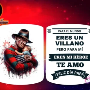 Taza de sublimación con Freddy Krueger de Pesadilla en Elm Street abrazando a una bebé, y mensaje 'Eres mi Héroe Papá'