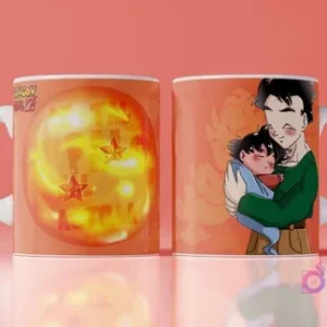 Mockup de taza con diseño para el Día del Padre de Gohan adulto abrazando a Gohan bebé, con una esfera del dragón, fondo naranja y rojo