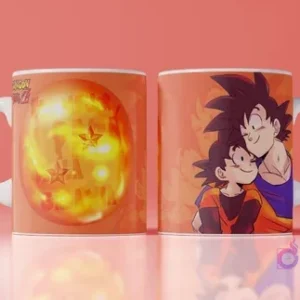 Mockup de taza con diseño para el Día del Padre de Goku y Gohan abrazándose, con una esfera del dragón, fondo naranja y rojo