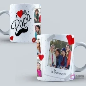Taza de sublimación con diseño minimalista 'I ♥ my Papa' y un bigote, con un marco tipo Polaroid para fotos familiares y corazones rojos decorativos.