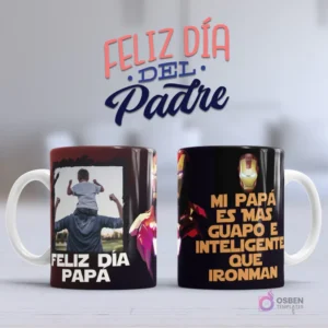 Mockup taza sublimada Día del Padre con foto personalizada de padre e hijo y mensaje humorístico 'Mi Papá es más guapo e inteligente que Iron Man'