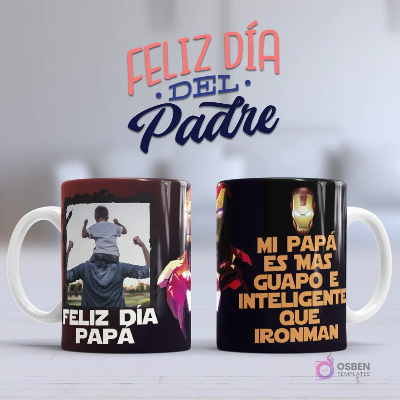 Mockup taza sublimada Día del Padre con foto personalizada de padre e hijo y mensaje humorístico 'Mi Papá es más guapo e inteligente que Iron Man' Mockup taza sublimada Día del Padre con foto personalizada de padre e hijo y mensaje humorístico 'Mi Papá es más guapo e inteligente que Iron Man'