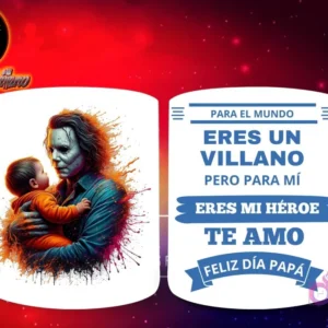 Taza de sublimación con el Joker de DC sosteniendo a un bebé, y mensaje 'Eres mi Héroe Papá'