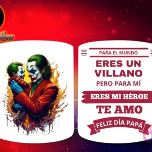 Taza de sublimación con el Joker (clásico) de DC Comics sosteniendo a un bebé, con traje rojo, y mensaje 'Eres mi Héroe Papá'