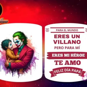 Taza de sublimación con el Joker (versión moderna) sosteniendo a un bebé, y mensaje 'Eres mi Héroe Papá'