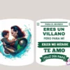 Taza de sublimación con Loki villano de Marvel sosteniendo a un bebé, y mensaje 'Eres mi Héroe Papá'