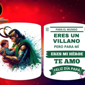 Taza de sublimación con Loki dios de las travesuras sosteniendo a un bebé, con fondo de salpicaduras azules, y mensaje 'Eres mi Héroe Papá'