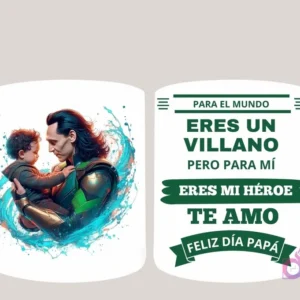 Taza de sublimación con Loki villano de Marvel sosteniendo a un bebé, y mensaje 'Eres mi Héroe Papá'