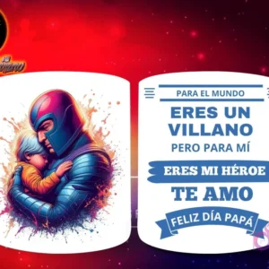 Taza de sublimación con Magneto de X-Men abrazando a un bebé, y mensaje 'Eres mi Héroe Papá'