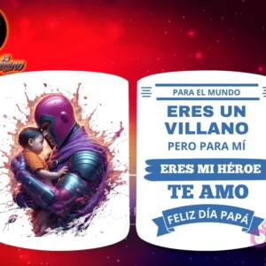 Taza de sublimación con Magneto de X-Men sosteniendo a un bebé, y mensaje 'Eres mi Héroe Papá'