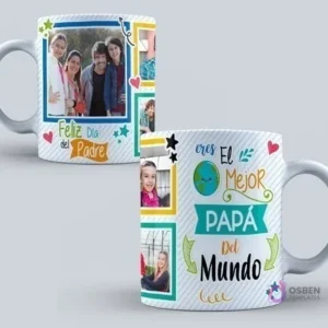 Taza sublimada con el mensaje 'eres El Mejor PAPÁ Del Mundo' y un diseño alegre con marcos coloridos y elementos gráficos como un globo terráqueo y estrellas.