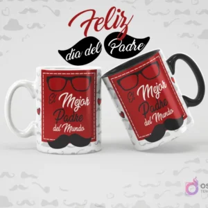 Dos tazas sublimadas con un diseño clásico para el Día del Padre. Ambas con gafas rojas y bigote negro, y el mensaje 'El Mejor Padre del Mundo' sobre un fondo gris y blanco.