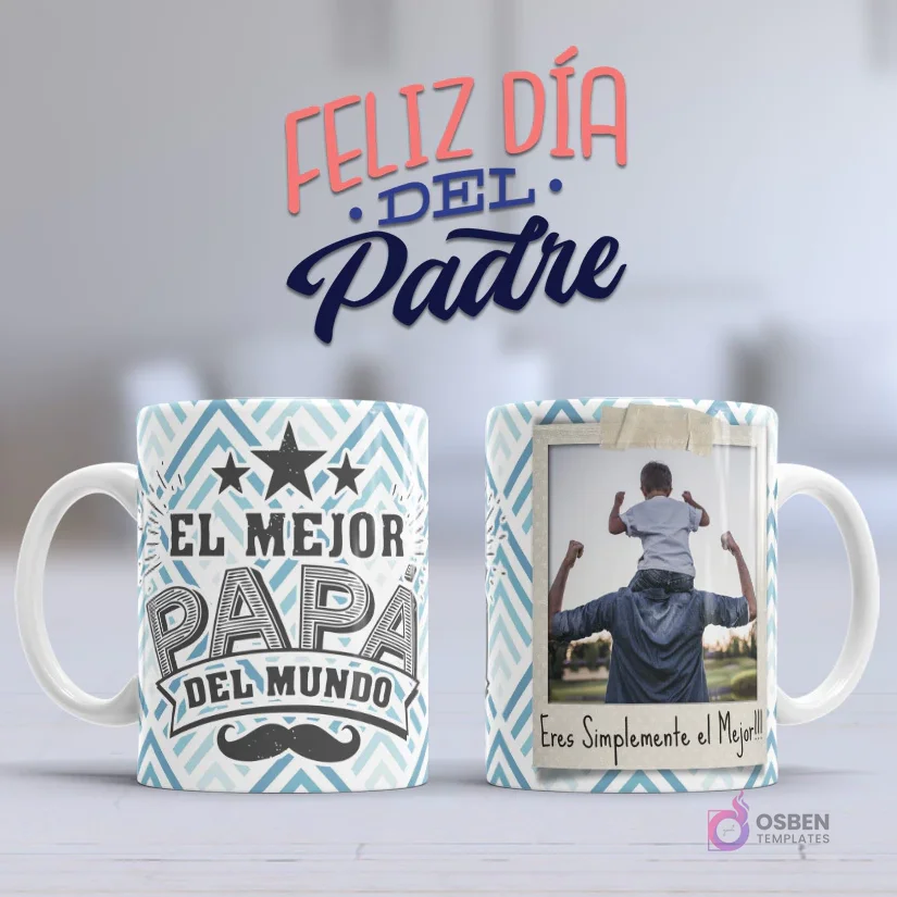 Mockup taza sublimada Día del Padre con 'EL MEJOR PAPÁ DEL MUNDO' con estrellas y bigote, y foto personalizada de padre e hijo con marco zigzag Mockup taza sublimada Día del Padre con 'EL MEJOR PAPÁ DEL MUNDO' con estrellas y bigote, y foto personalizada de padre e hijo con marco zigzag