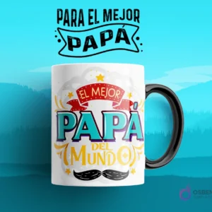 Taza de sublimación con diseño clásico 'EL MEJOR PAPÁ DEL MUNDO' con un bigote en amarillo, azul y blanco sobre un fondo azul claro.
