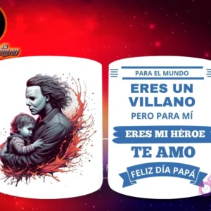 Taza de sublimación con Michael Myers de Halloween sosteniendo a un bebé, y mensaje 'Eres mi Héroe Papá'