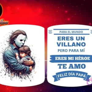 Taza de sublimación con Michael Myers de Halloween abrazando a un bebé, y mensaje 'Eres mi Héroe Papá'