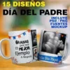 Mockup de dos tazas sublimadas para el Día del Padre mostrando diseños de collage con fotos familiares y frases emotivas, destacando el pack de 15 plantillas PSD y PNG.