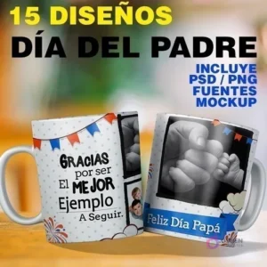 Mockup de dos tazas sublimadas para el Día del Padre mostrando diseños de collage con fotos familiares y frases emotivas, destacando el pack de 15 plantillas PSD y PNG.
