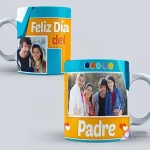 Taza sublimada para el Día del Padre con un diseño moderno en tonos azules y naranjas, incluyendo la frase 'Feliz Día del Padre' y un amplio espacio para una foto familiar.