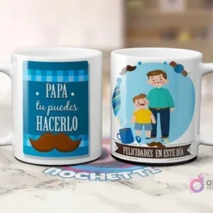Dos tazas blancas de sublimación. Una con fondo a cuadros azul y frase 'PAPÁ tu puedes HACERLO' con bigote. Otra con padre e hijo y elementos masculinos con 'FELICIDADES EN ESTE DÍA'.