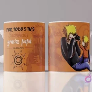 Mockup de taza con diseño para el Día del Padre de Naruto y Minato Namikaze, frase 'Por todos tus sacrificios gracias papá', fondo naranja con símbolo de Konoha