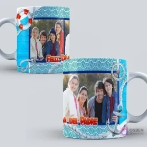Taza de sublimación con diseño náutico para el Día del Padre, featuring un ancla, un salvavidas y patrones de olas azules, con espacio para fotos familiares.