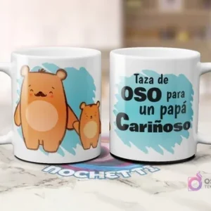 Dos tazas blancas de sublimación con diseño de osos. Una con oso padre y osezno de la mano. Otra con frase 'Taza de OSO para un papá Cariñoso' con fondo azul.