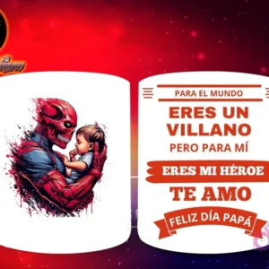 Taza de sublimación con Red Skull de Marvel sosteniendo a un bebé, y mensaje 'Eres mi Héroe Papá'