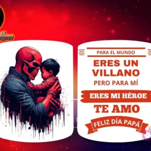 Taza de sublimación con Red Skull de Marvel mirando a un bebé, y mensaje 'Eres mi Héroe Papá'