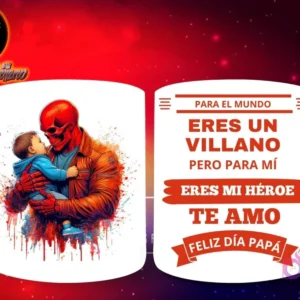 Taza de sublimación con Red Skull con traje rojo sosteniendo a un bebé, y mensaje 'Eres mi Héroe Papá'