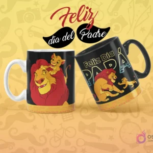 Dos tazas sublimadas del Rey León para el Día del Padre. Una taza blanca con Mufasa y Simba, y otra taza negra con 'Feliz Día Papá' y Simba de cachorro con Mufasa.