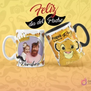 Dos tazas sublimadas con temática del Rey León para el Día del Padre. Una taza blanca con una foto de papá e hija con coronas y bigote, y otra taza negra con Simba y la frase 'Papá, tú eres el Rey'.