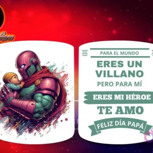 Taza de sublimación con un Sentinel de X-Men sosteniendo a un bebé, y mensaje 'Eres mi Héroe Papá'
