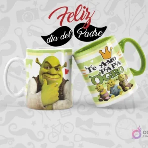 Dos tazas sublimadas de Shrek para el Día del Padre. Una taza blanca con Shrek y otra taza verde con 'Te Amo Papá Ogro' y los pequeños ogros.