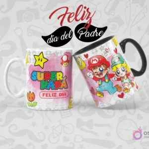 Dos tazas sublimadas con diseño de Super Mario Bros para el Día del Padre. Una taza blanca con 'Super Papá' y elementos de Mario, y otra blanca y negra con Mario y Peach, con corazones.