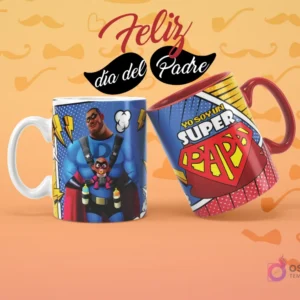 Dos tazas sublimadas de superhéroe para el Día del Padre. Una taza blanca con un papá superhéroe sosteniendo a su bebé y otra taza roja con el logo 'Yo Soy un Super Papá'.