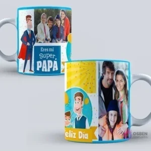 Taza de sublimación con diseño de superhéroe para el Día del Padre, con la frase 'Eres mi Super PAPA' y una ilustración de un padre héroe en colores amarillo y azul.