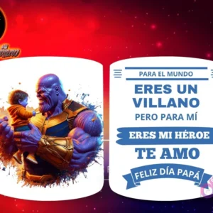 Taza de sublimación con Thanos de Marvel sosteniendo a un bebé niño, y mensaje 'Eres mi Héroe Papá'