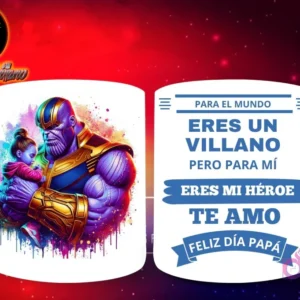 Taza de sublimación con Thanos de Marvel sosteniendo a una bebé niña, y mensaje 'Eres mi Héroe Papá'