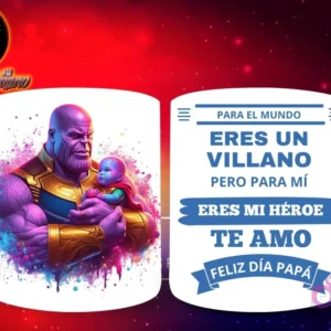 Taza de sublimación con Thanos de Marvel en pose cariñosa con un bebé, y mensaje 'Eres mi Héroe Papá'