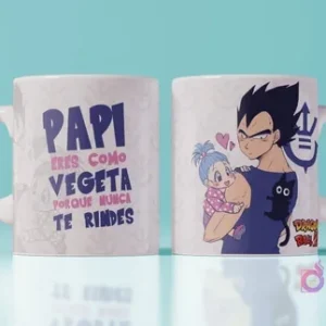 Mockup de taza con diseño para el Día del Padre de Vegeta sosteniendo a baby Bulma y la frase 'Papi eres como Vegeta porque nunca te rindes', fondo azul claro