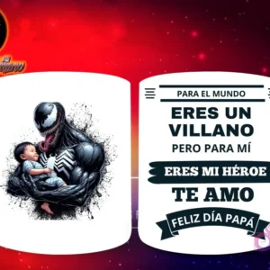 Taza de sublimación con Venom de Marvel sosteniendo a un bebé, y mensaje 'Eres mi Héroe Papá'