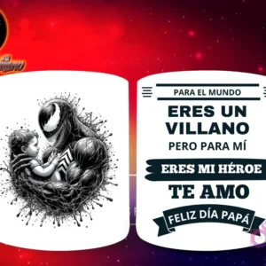 Taza de sublimación con Venom en escala de grises sosteniendo a un bebé, y mensaje 'Eres mi Héroe Papá'